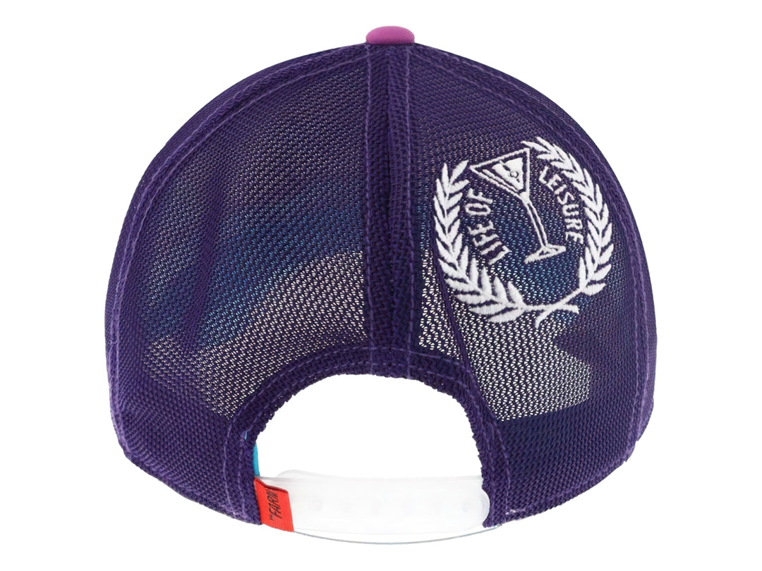 Gorra multicolor Goorin Bros con visera púrpura y parche frontal de pez Betta.