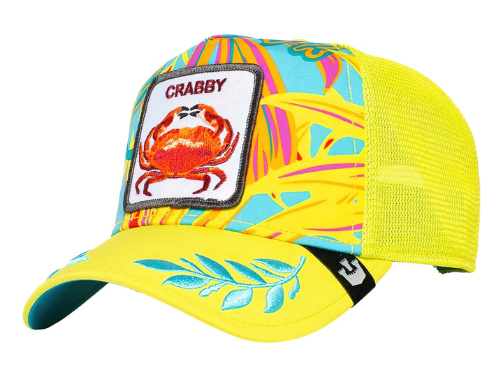 Gorra amarilla Goorin Bros con diseño colorido y parche de cangrejo con el texto CRABBY.