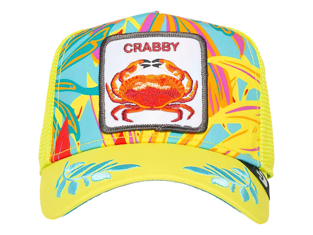 Gorra amarilla Goorin Bros con diseño colorido y parche de cangrejo con el texto CRABBY.