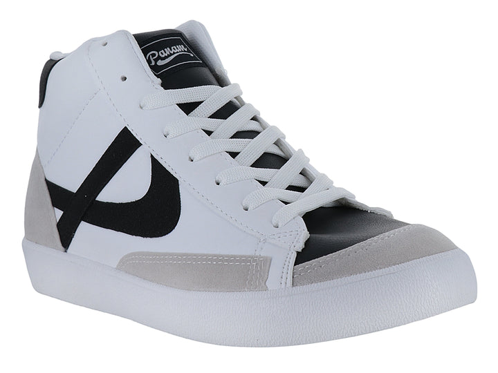 Tenis de bota marca Panam en color blanco con detalles laterales en negro y gris, con suela blanca.