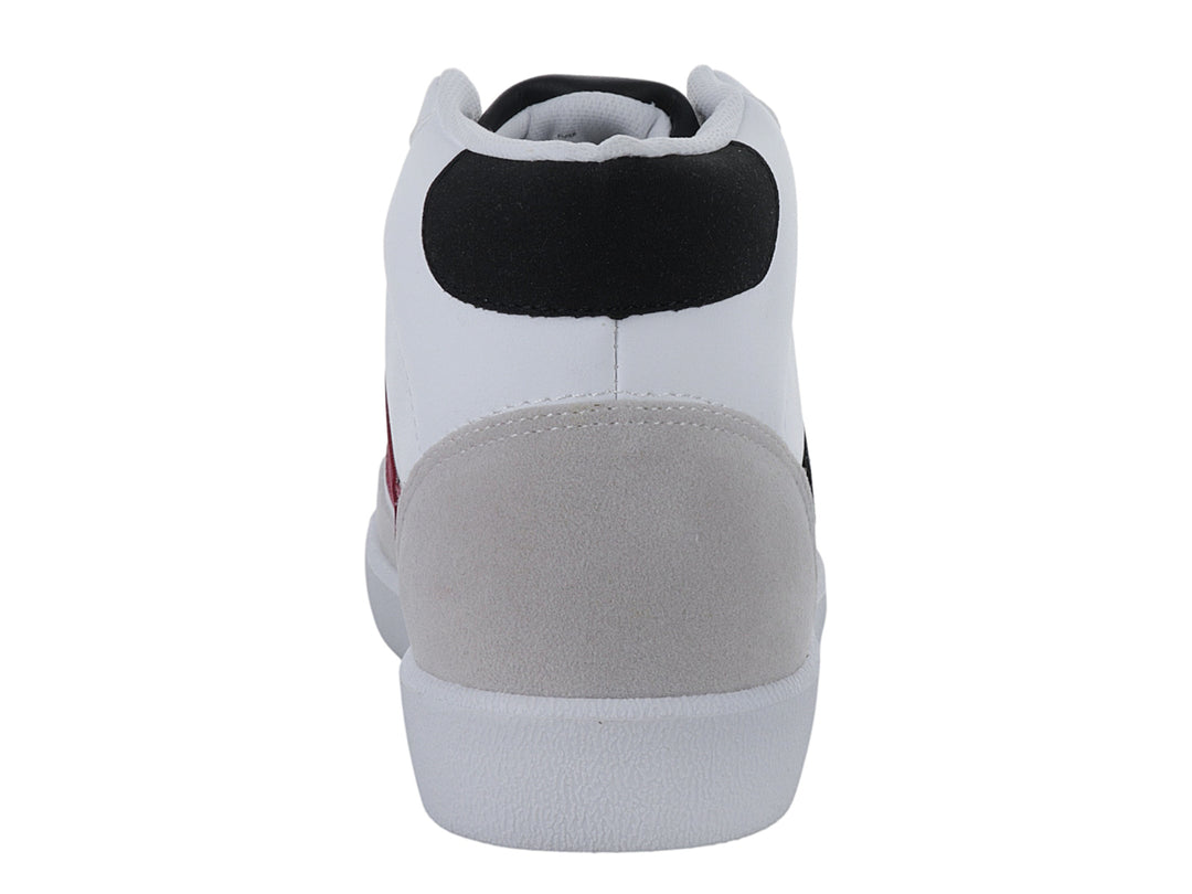 Tenis de bota marca Panam en color blanco con detalles laterales en negro y gris, con suela blanca.