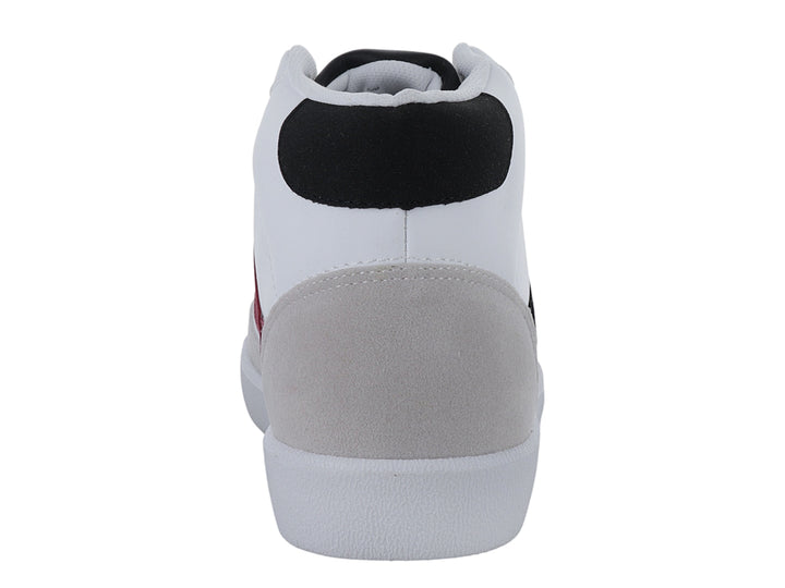 Tenis de bota marca Panam en color blanco con detalles laterales en negro y gris, con suela blanca.