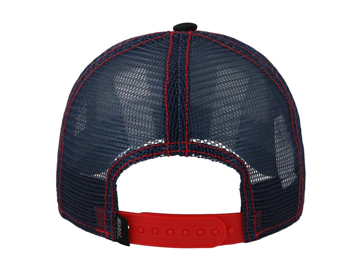 Gorra negra Goorin Bros con parche frontal de un caballo rojo y costuras decorativas en color rojo.