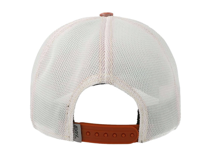 Gorra Goorin Bros con estampado floral en tonos naranja y azul, featuring un parche central de una mariposa monarca.