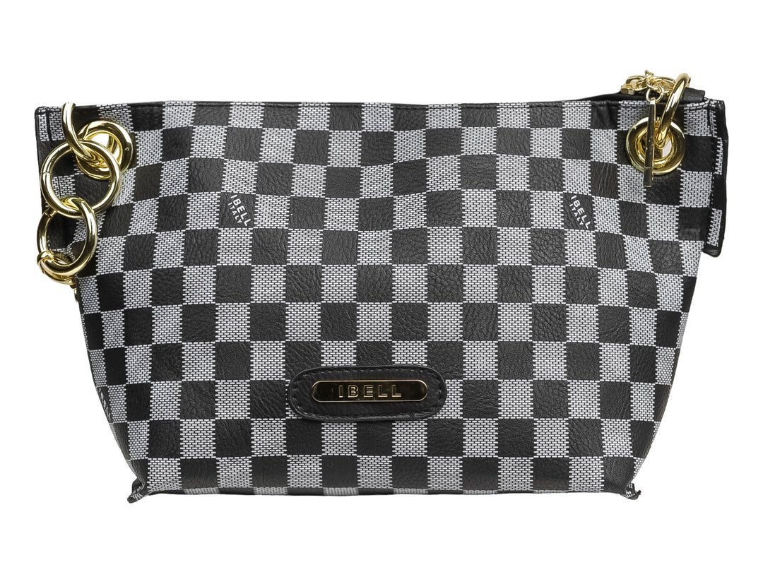 Bolso de hombro IBELL con estampado de cuadros en negro y gris, detalles en metal dorado y cierre superior.