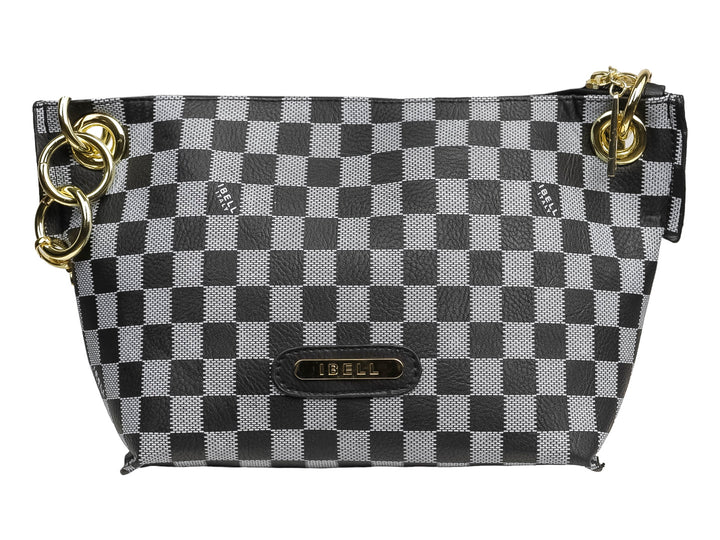 Bolso de hombro IBELL con estampado de cuadros en negro y gris, detalles en metal dorado y cierre superior.