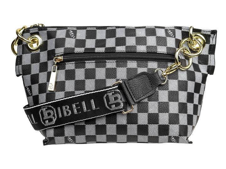 Bolso de hombro IBELL con estampado de cuadros en negro y gris, detalles en metal dorado y cierre superior.