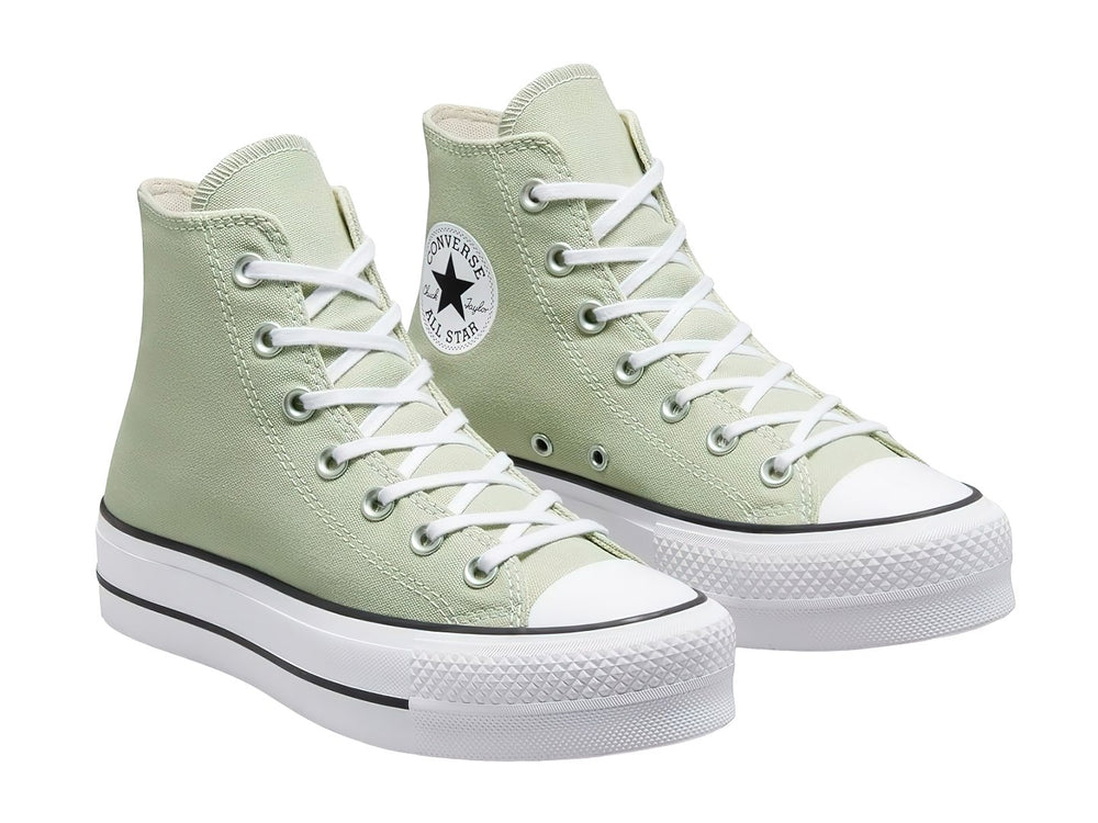 Tenis Converse Chuck Taylor All Star Lift HI color verde claro con suela de plataforma blanca.
