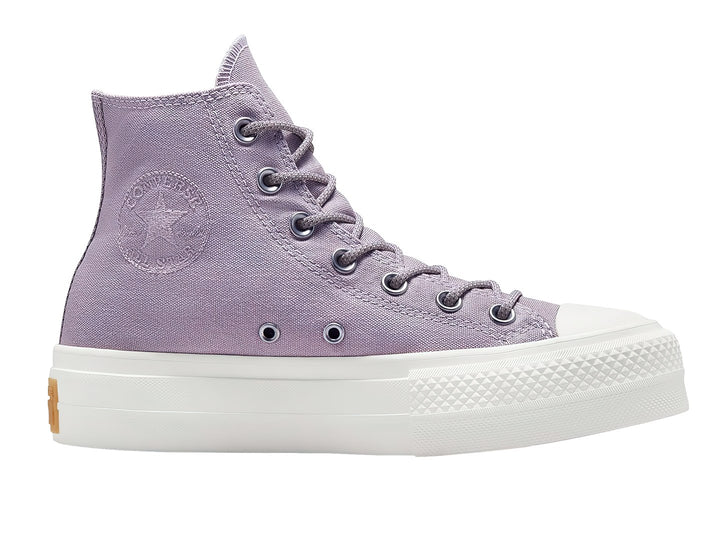 Tenis Converse Chuck Taylor All Star Lift HI de color lila con suela de plataforma blanca.