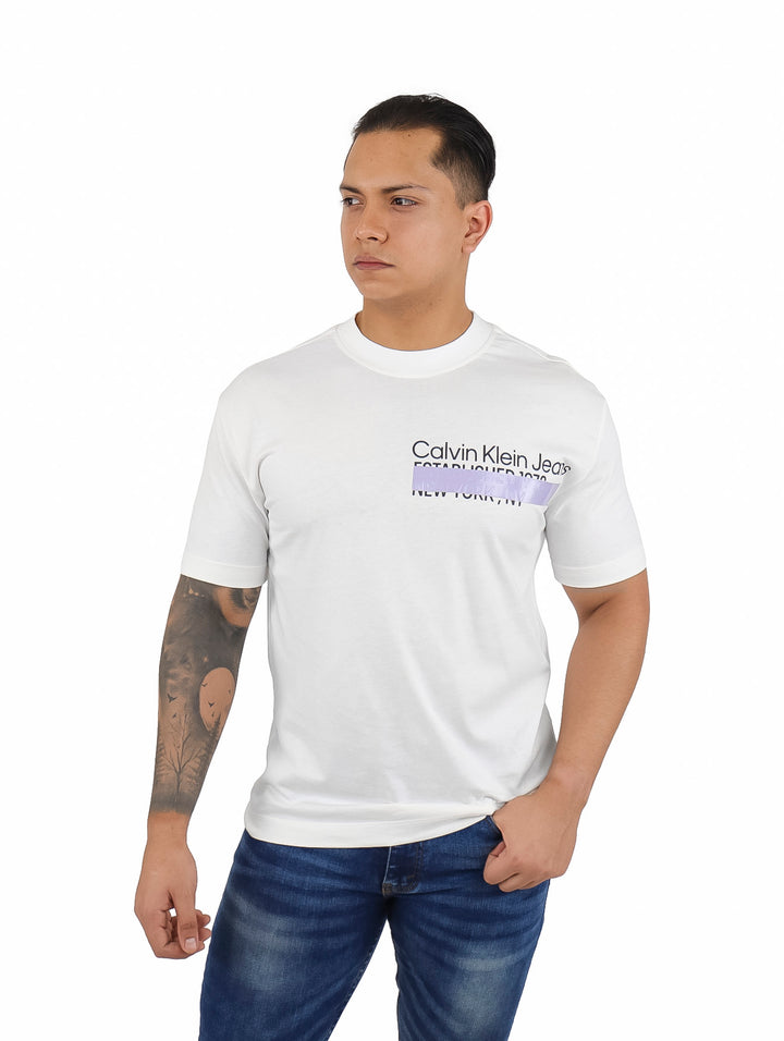 Hombre vistiendo una camiseta blanca de manga corta Calvin Klein con estampado en el pecho.