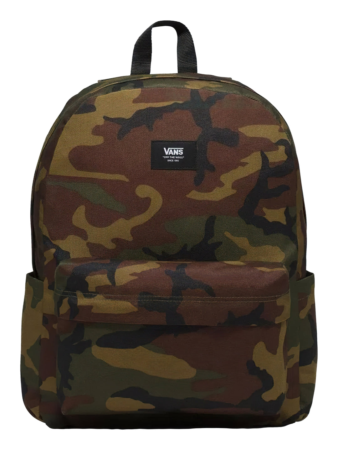 Mochila escolar VANS con estampado de camuflaje en tonos verdes y cafés, con un bolsillo frontal y asa superior.