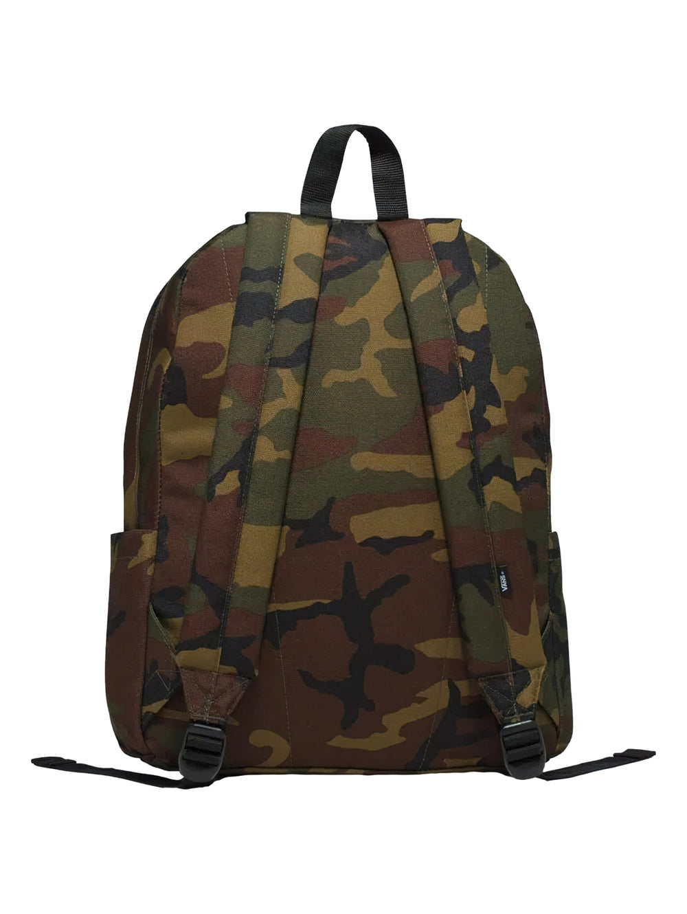 Mochila escolar VANS con estampado de camuflaje en tonos verdes y cafés, con un bolsillo frontal y asa superior.