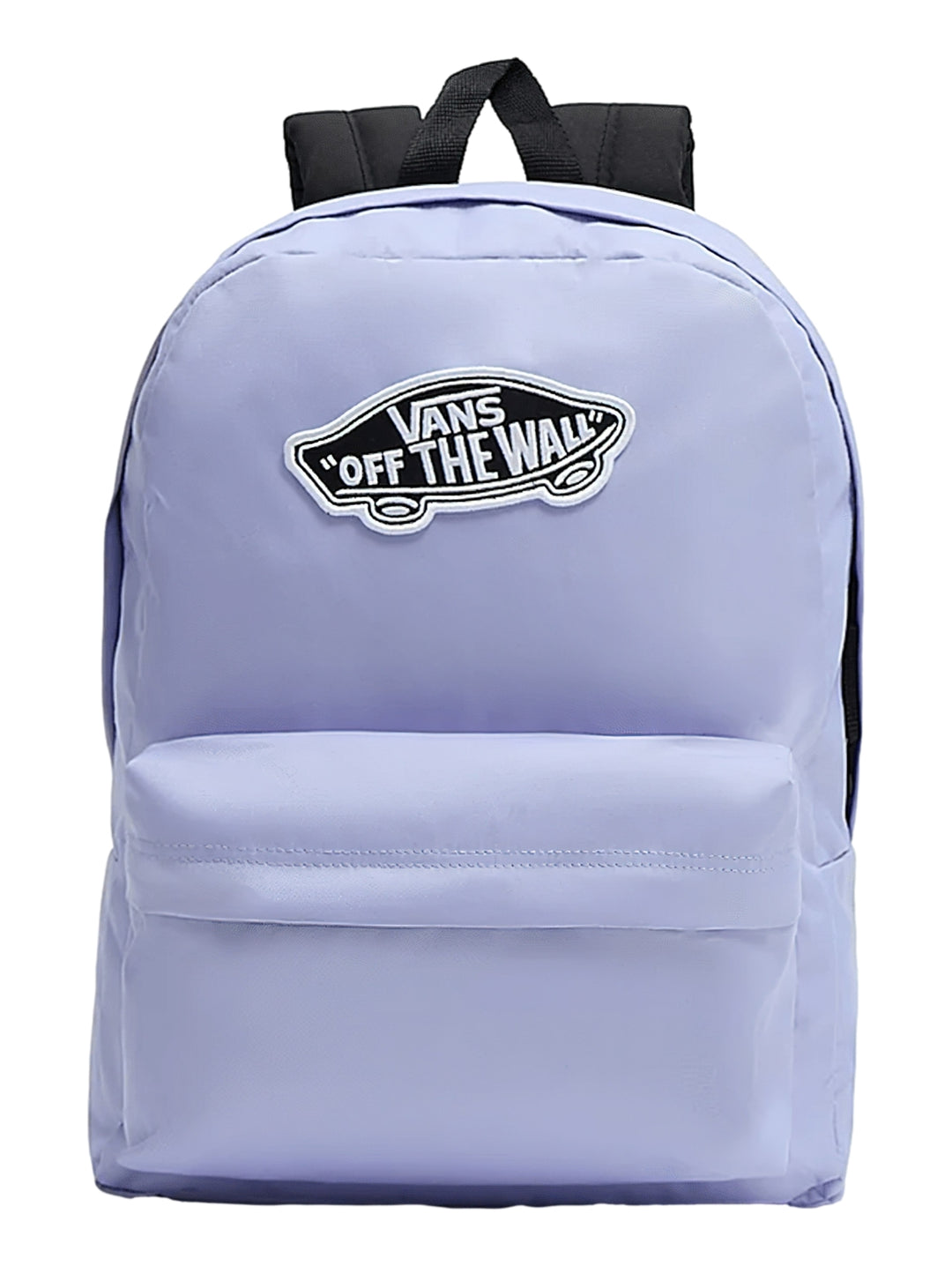 Mochila Vans color lavanda con logotipo central blanco y negro y correas negras.