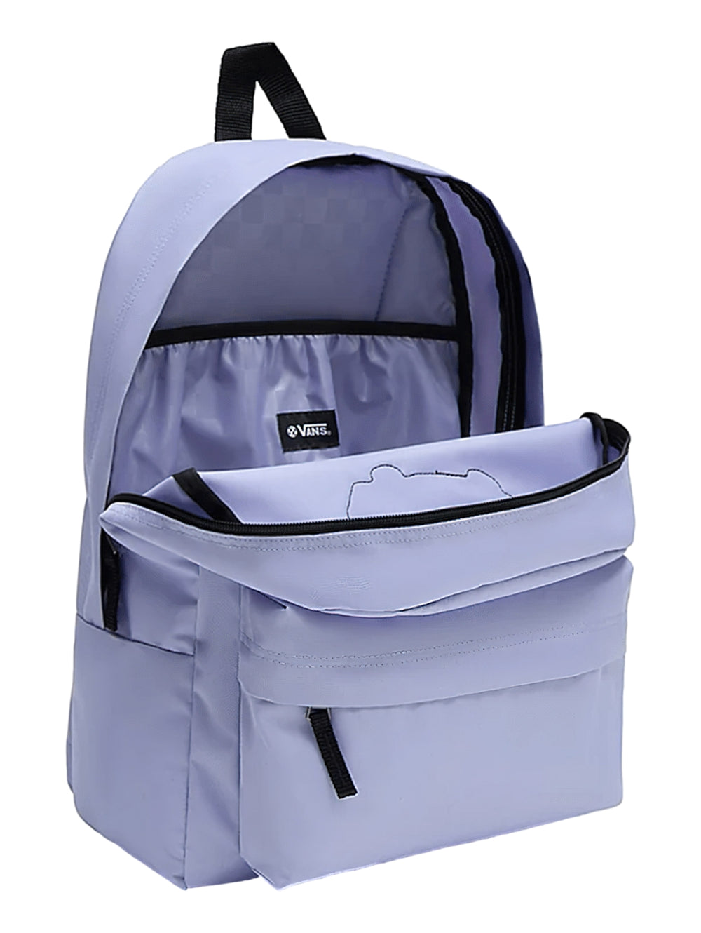 Mochila Vans color lavanda con logotipo central blanco y negro y correas negras.