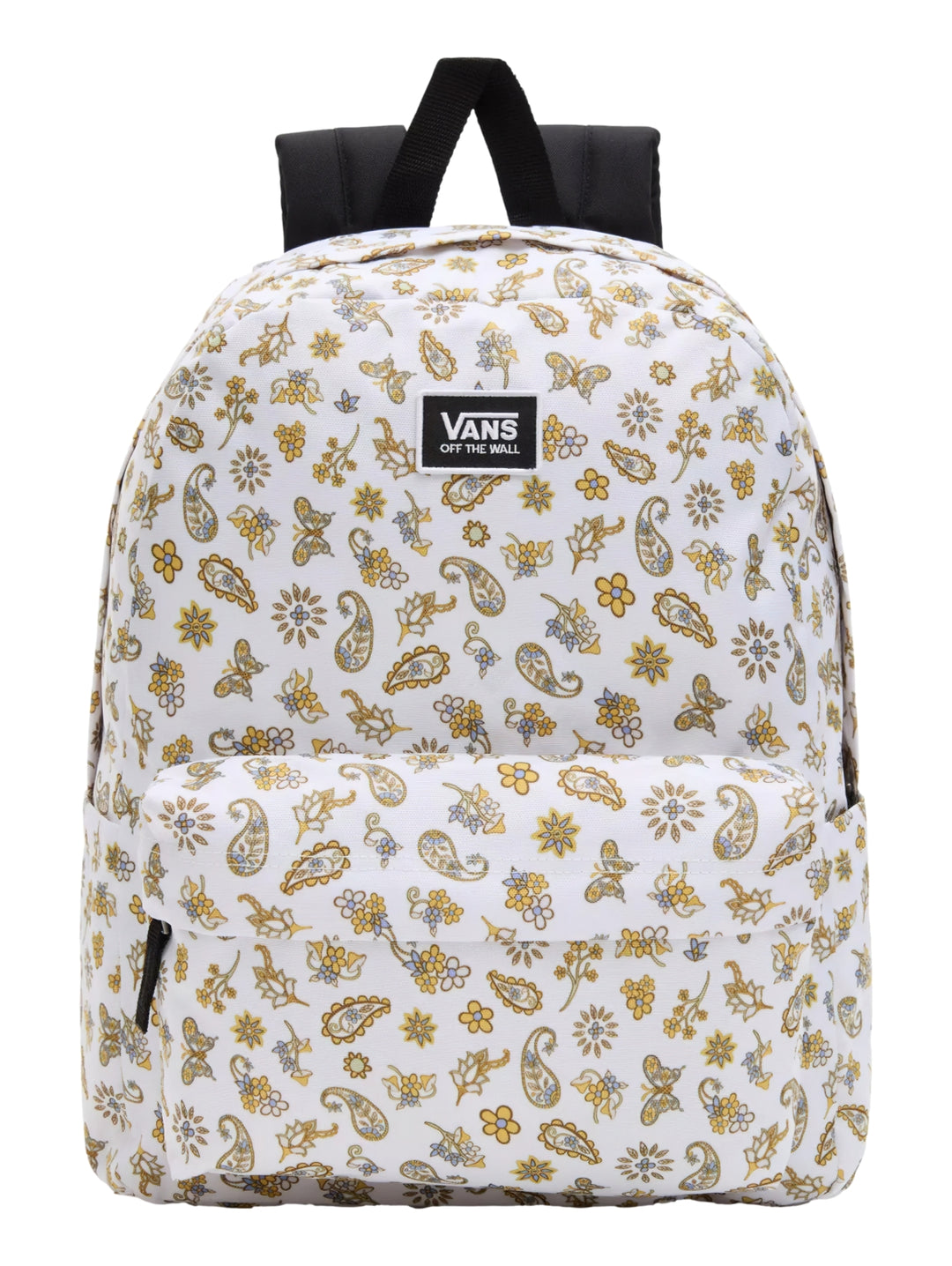 Mochila Vans blanca con estampado floral y de mariposas en tonos sepia y amarillo, con correas negras.