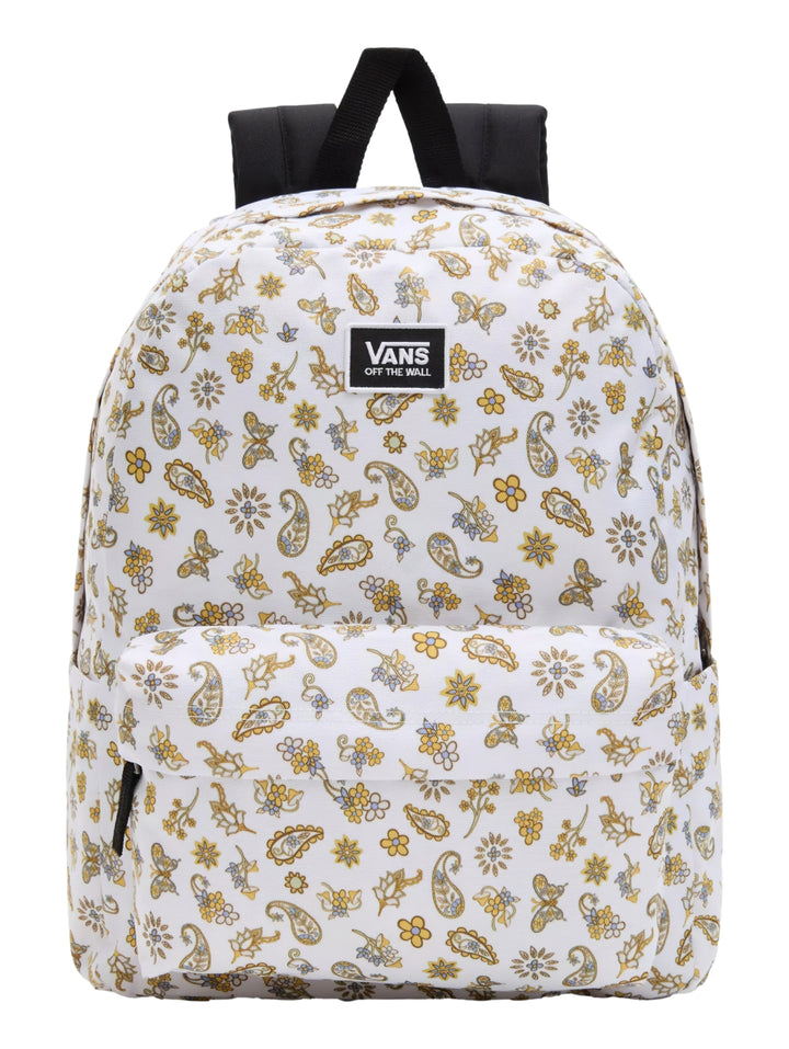 Mochila Vans blanca con estampado floral y de mariposas en tonos sepia y amarillo, con correas negras.