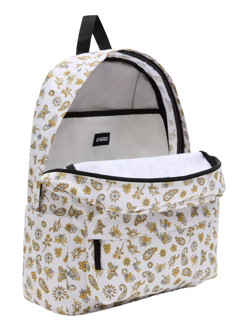Mochila Vans blanca con estampado floral y de mariposas en tonos sepia y amarillo, con correas negras.