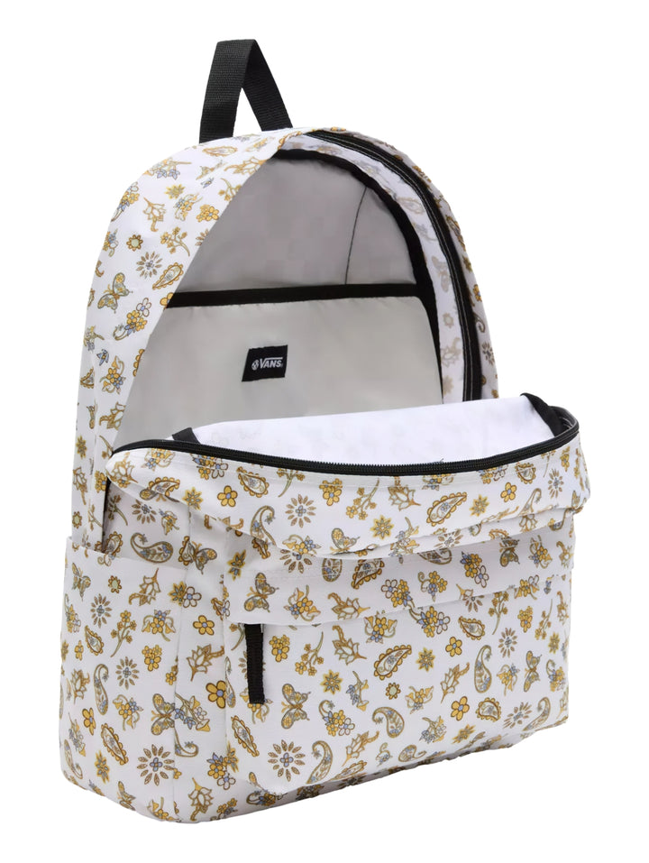 Mochila Vans blanca con estampado floral y de mariposas en tonos sepia y amarillo, con correas negras.