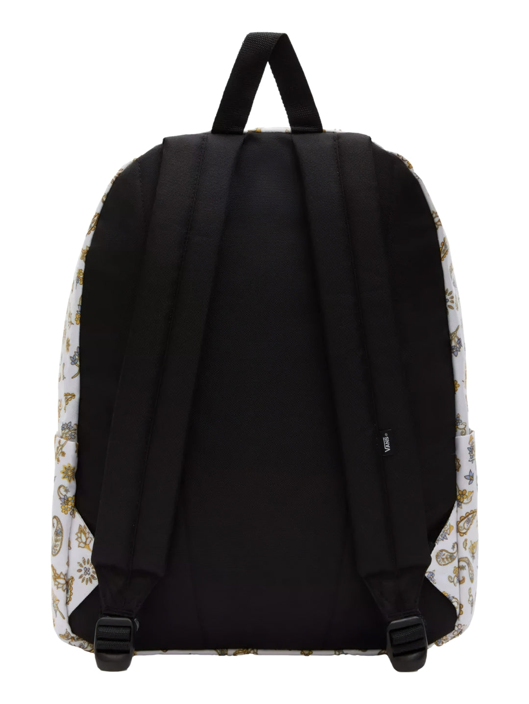 Mochila Vans blanca con estampado floral y de mariposas en tonos sepia y amarillo, con correas negras.