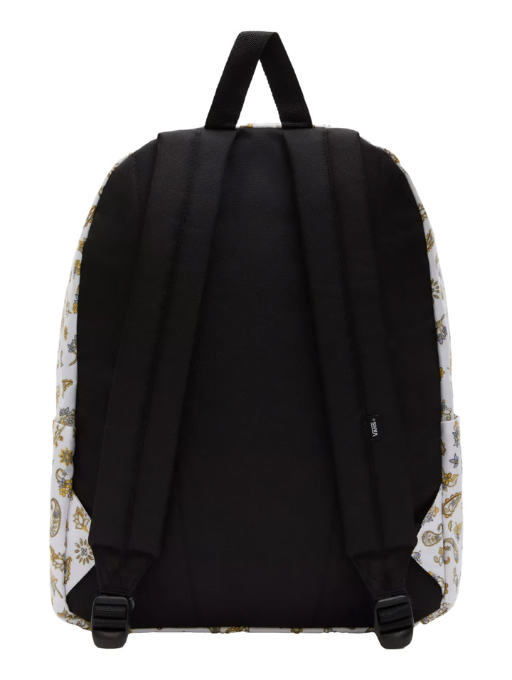 Mochila Vans blanca con estampado floral y de mariposas en tonos sepia y amarillo, con correas negras.