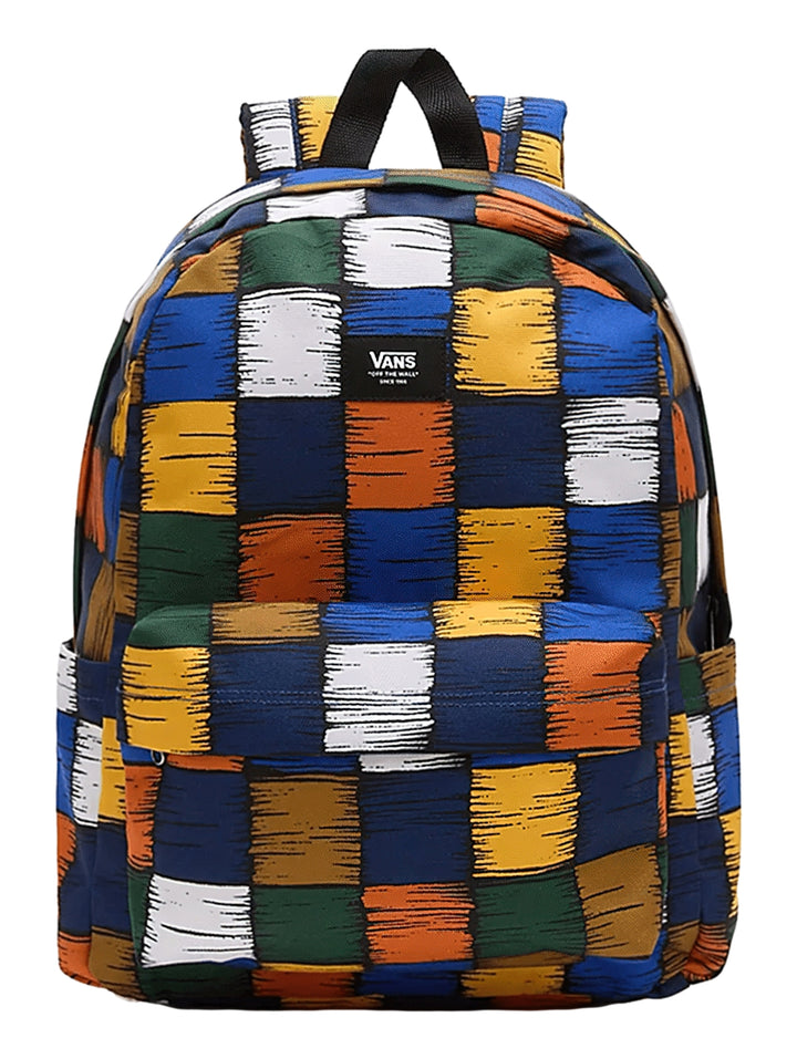 Mochila Vans con estampado de cuadros multicolores en tonos azul, amarillo, naranja, verde y blanco.