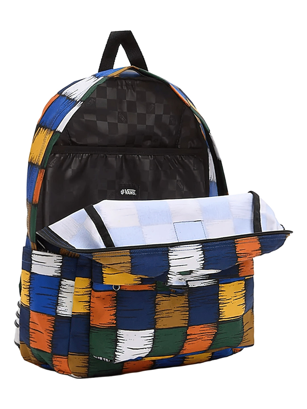 Mochila Vans con estampado de cuadros multicolores en tonos azul, amarillo, naranja, verde y blanco.