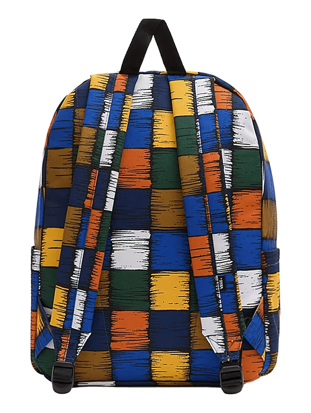 Mochila Vans con estampado de cuadros multicolores en tonos azul, amarillo, naranja, verde y blanco.