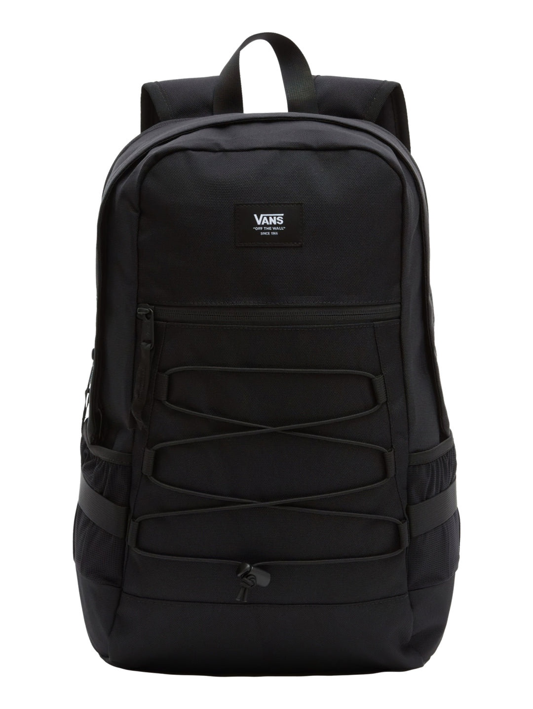 Mochila escolar Vans de color negro con correas elásticas frontales y logotipo cuadrado en la parte superior.