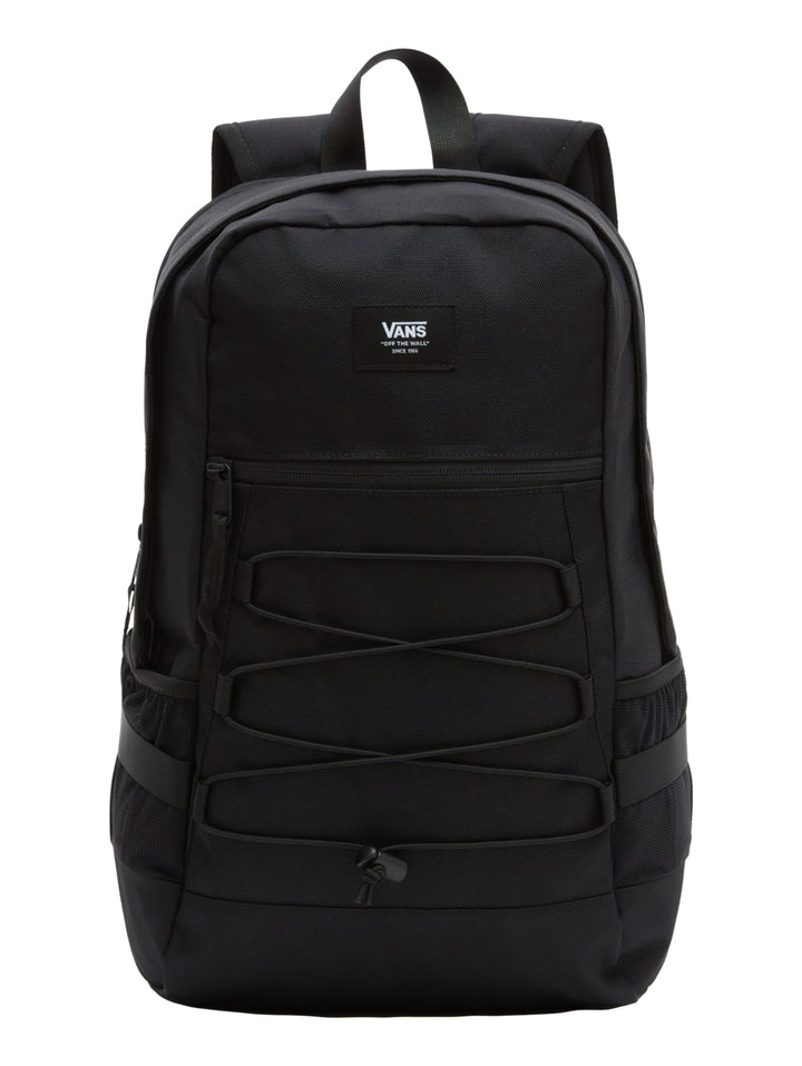 Mochila escolar Vans de color negro con correas elásticas frontales y logotipo cuadrado en la parte superior.