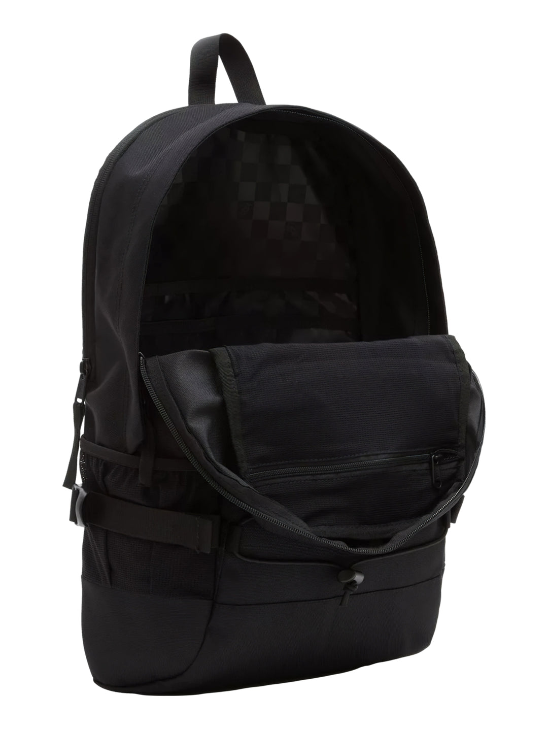 Mochila escolar Vans de color negro con correas elásticas frontales y logotipo cuadrado en la parte superior.