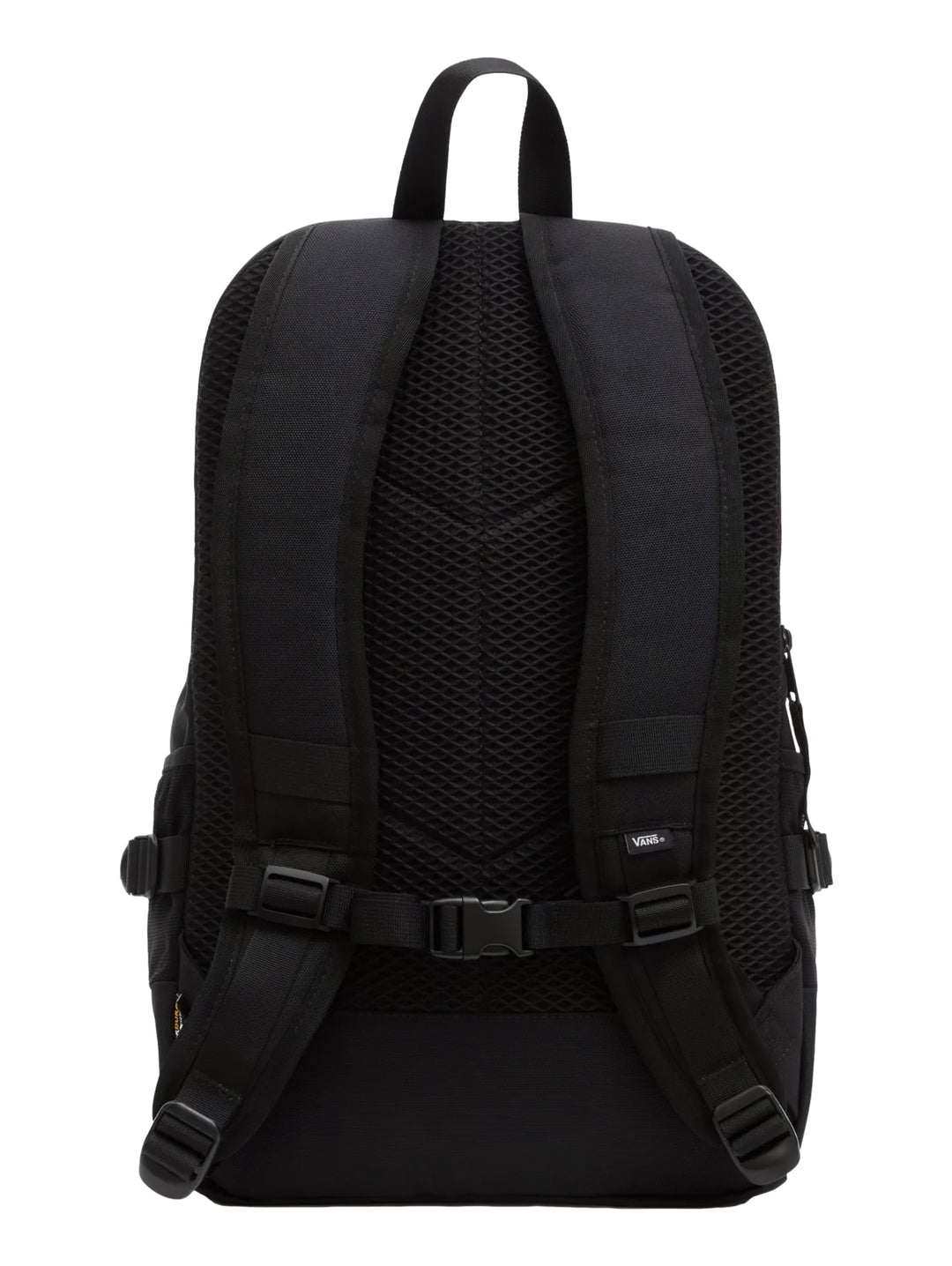 Mochila escolar Vans de color negro con correas elásticas frontales y logotipo cuadrado en la parte superior.