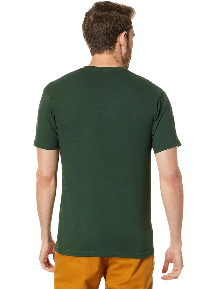 Camiseta verde de manga corta con estampado rectangular blanco de VANS en el pecho.
