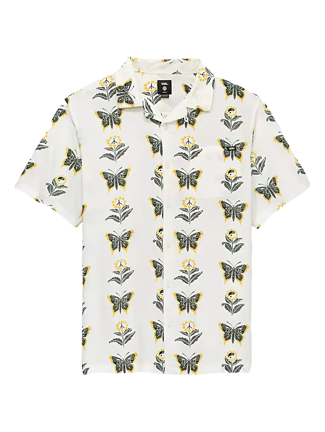 Camisa Vans color blanco antiguo con estampado de mariposas y flores en tonos amarillo y negro, manga corta.