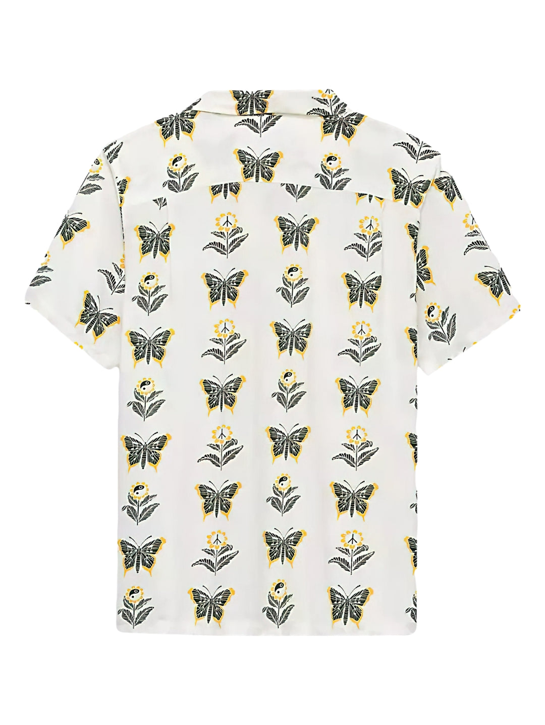 Camisa Vans color blanco antiguo con estampado de mariposas y flores en tonos amarillo y negro, manga corta.