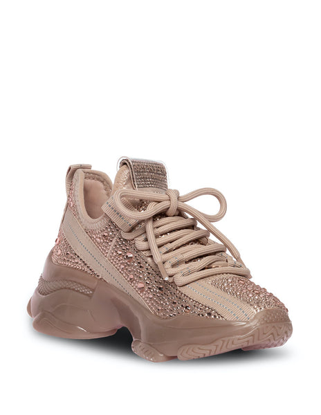 Tenis infantiles Steve Madden color rose gold con acabado brillante y suela gruesa.