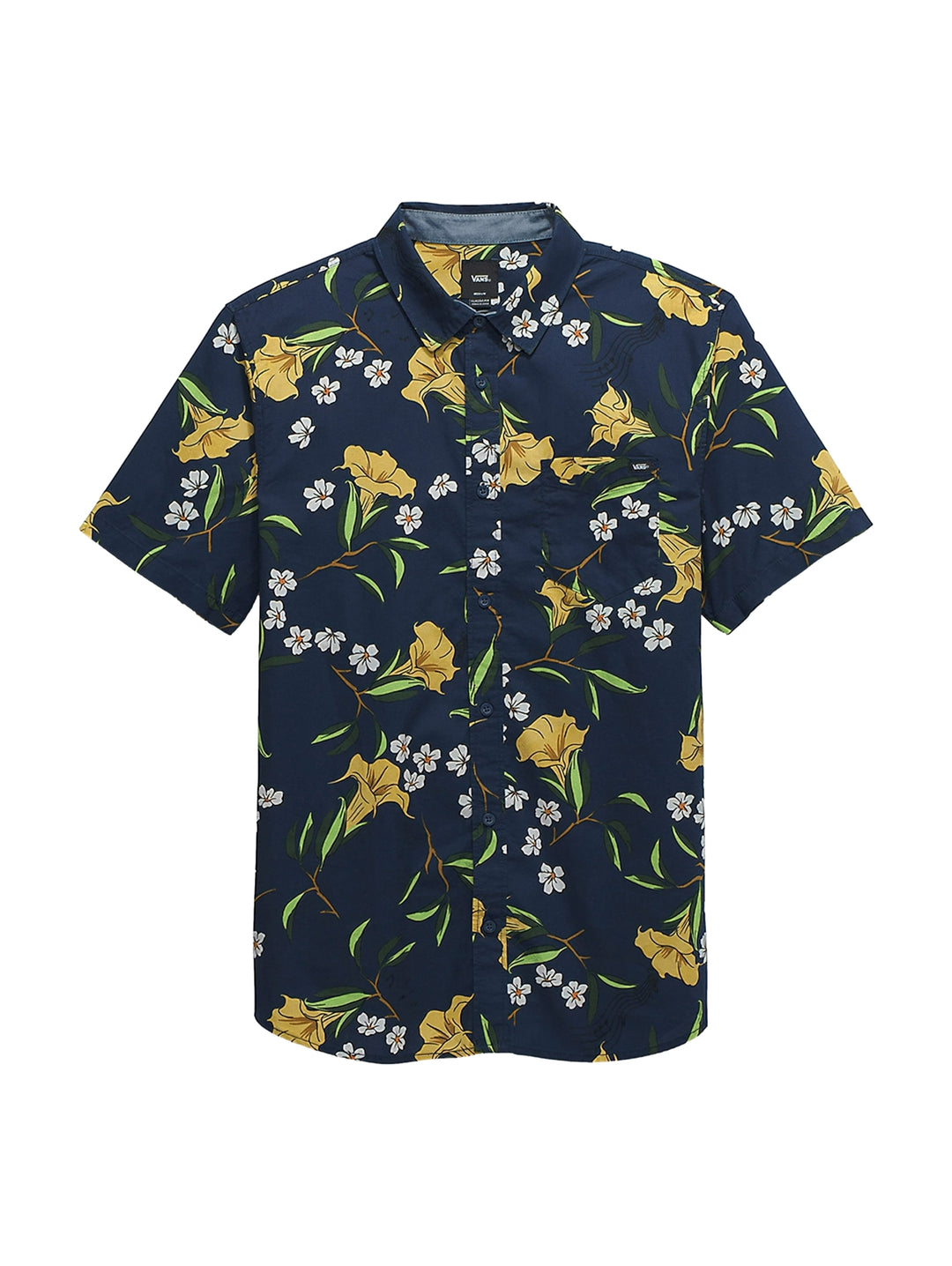 Camisa de manga corta azul oscuro con estampado de flores amarillas y blancas.