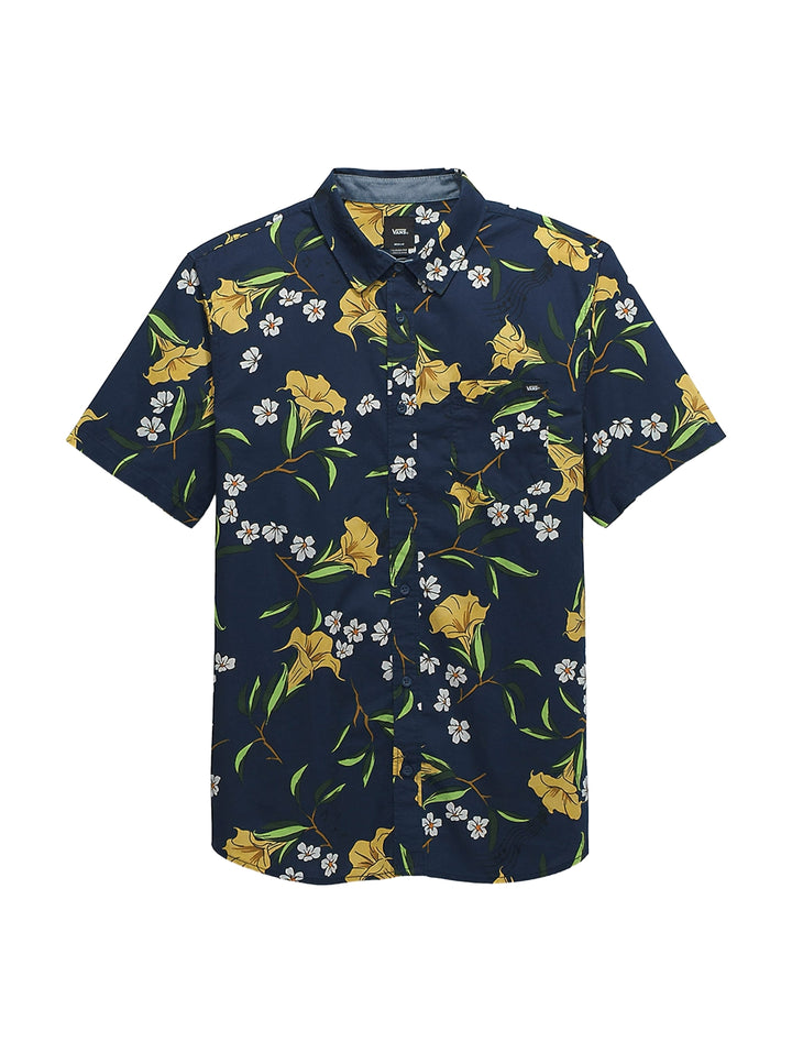 Camisa de manga corta azul oscuro con estampado de flores amarillas y blancas.