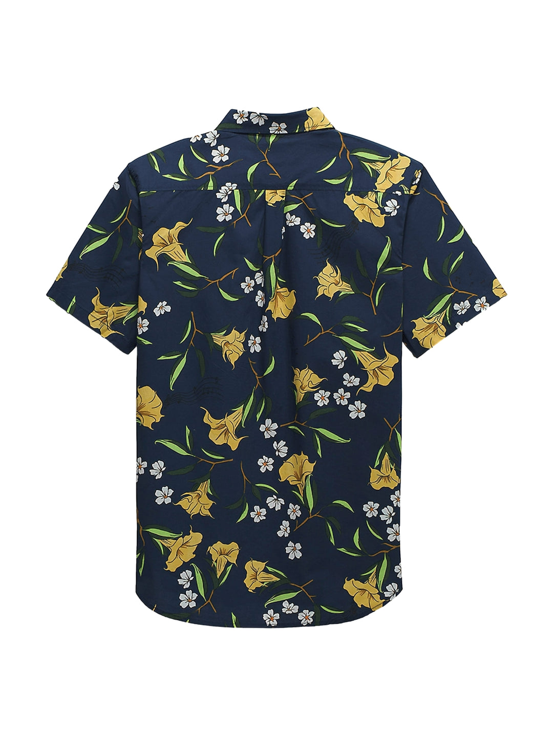 Camisa de manga corta azul oscuro con estampado de flores amarillas y blancas.