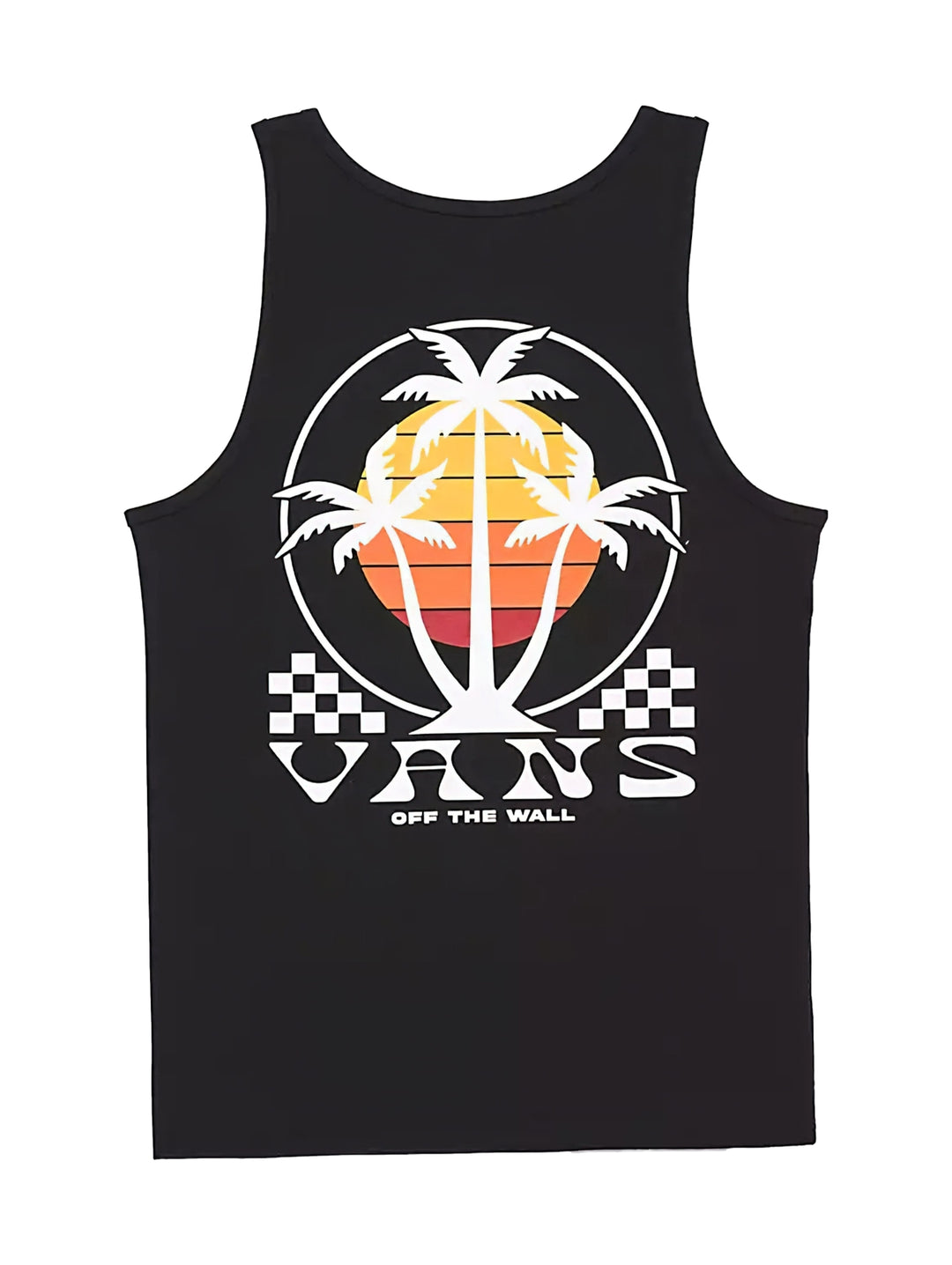 Hombre vistiendo una camiseta sin mangas color negro de la marca Vans con un logo en el pecho.