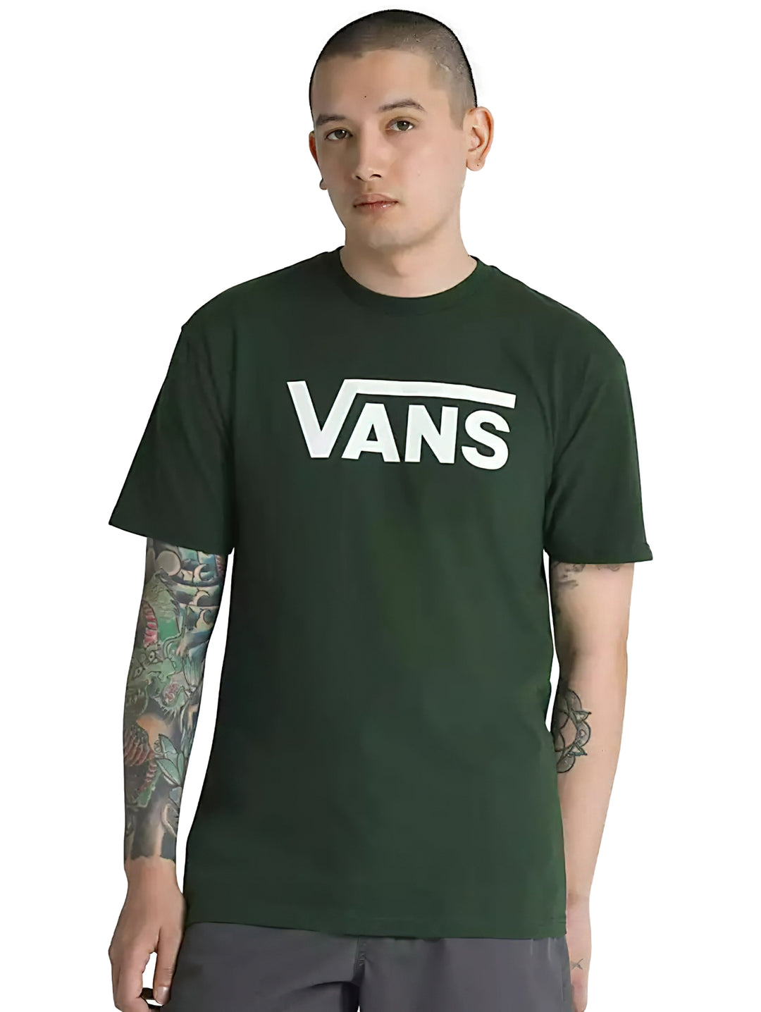 Camiseta de manga corta color verde oscuro con logotipo de VANS en blanco en el pecho.