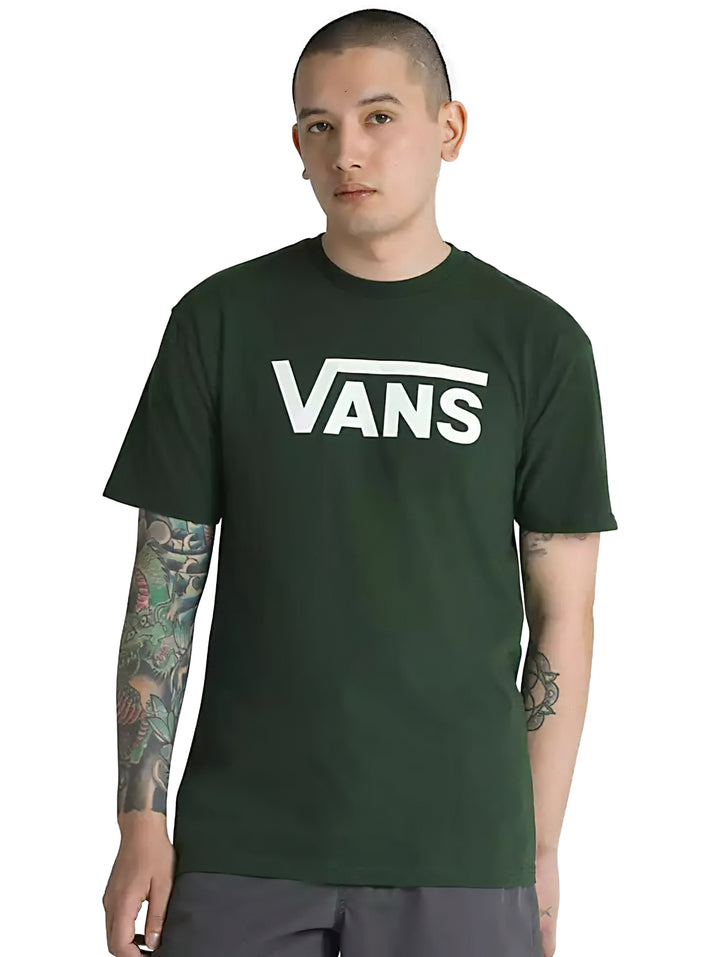 Camiseta de manga corta color verde oscuro con logotipo de VANS en blanco en el pecho.