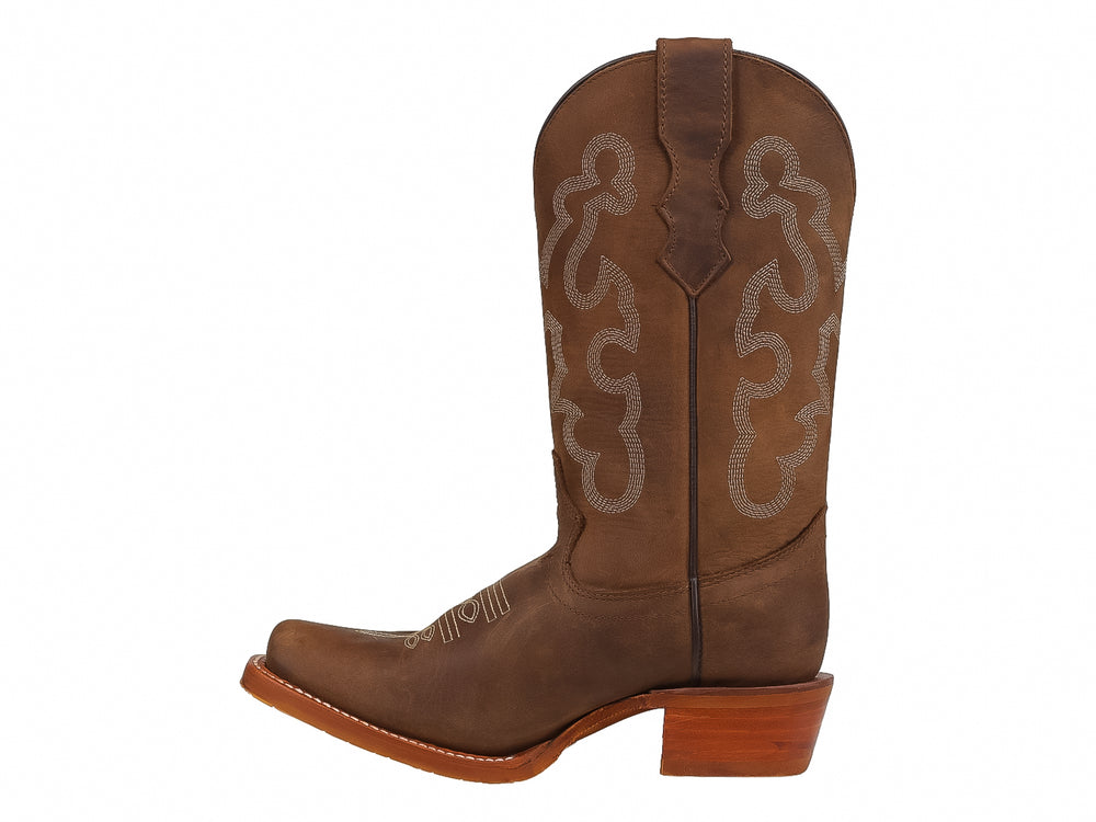 Bota vaquera para mujer en color café tan con bordados decorativos y tacón.