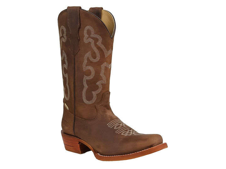 Bota vaquera para mujer en color café tan con bordados decorativos y tacón.