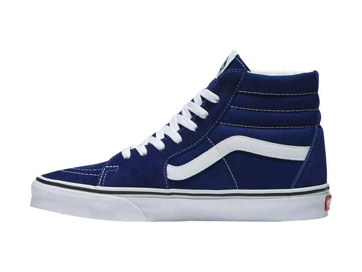 Tenis VANS Sk8-Hi color azul beacon blue con suela y franja lateral en blanco.