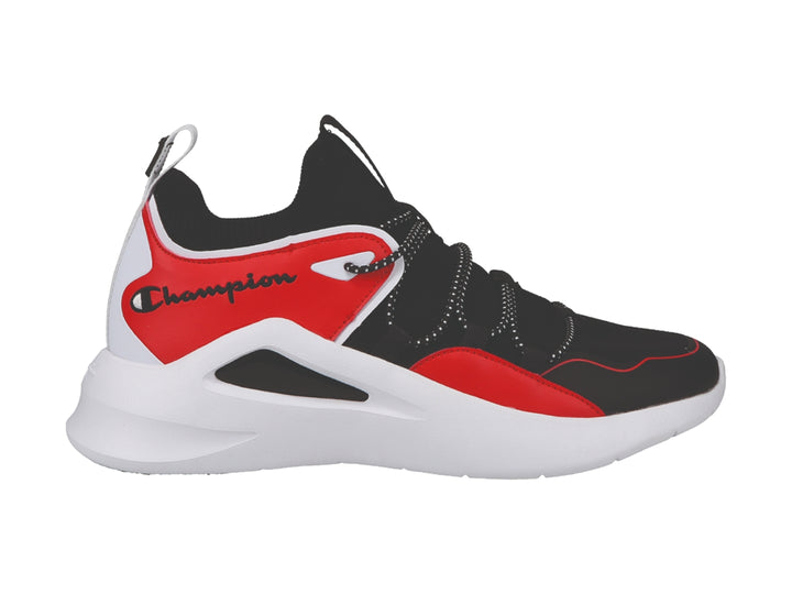 Tenis deportivos Champion en colores negro, rojo y blanco con suela gruesa blanca.