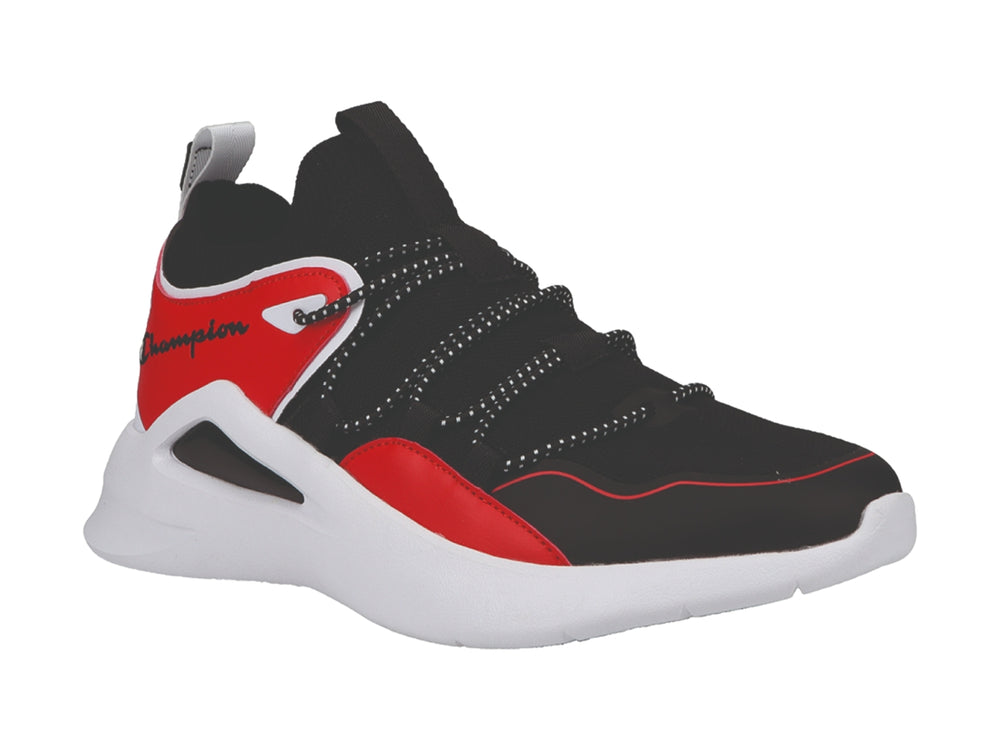 Tenis deportivos Champion en colores negro, rojo y blanco con suela gruesa blanca.