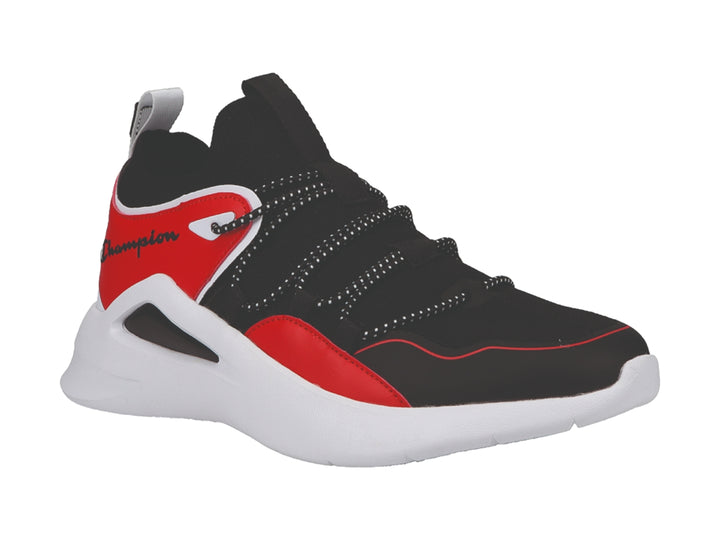 Tenis deportivos Champion en colores negro, rojo y blanco con suela gruesa blanca.