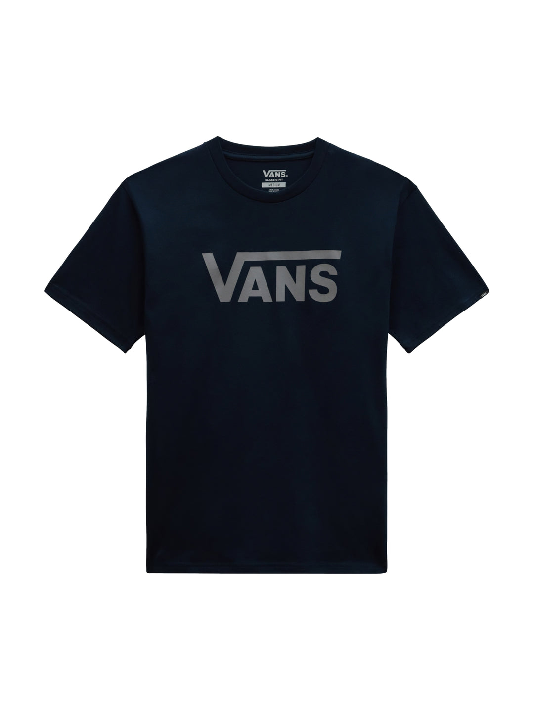 Hombre vistiendo una camiseta de manga corta color azul marino con el logotipo de VANS en gris en el pecho.