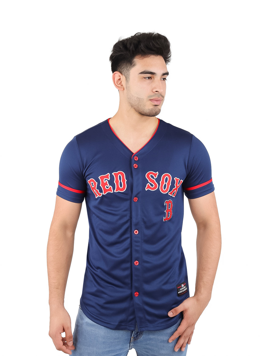 Jersey de béisbol azul marino con letras rojas &