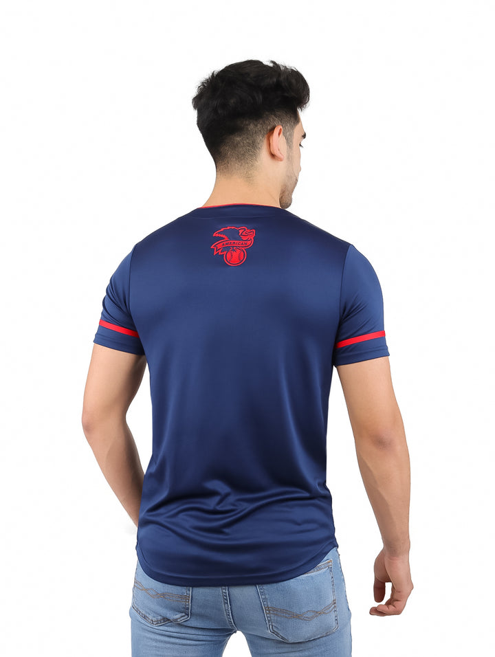 Jersey de béisbol azul marino con letras rojas &